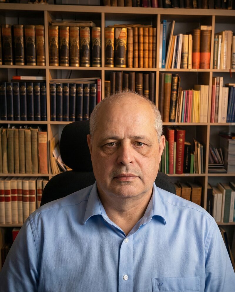 Frank Kemper im blauen Hemd vor seinem Bücherregal mit alten Bänden