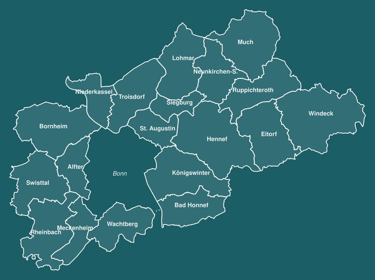 Karte des Rhein-Sieg-Kreises mit seinen 19 Städten und Gemeinden um Bonn